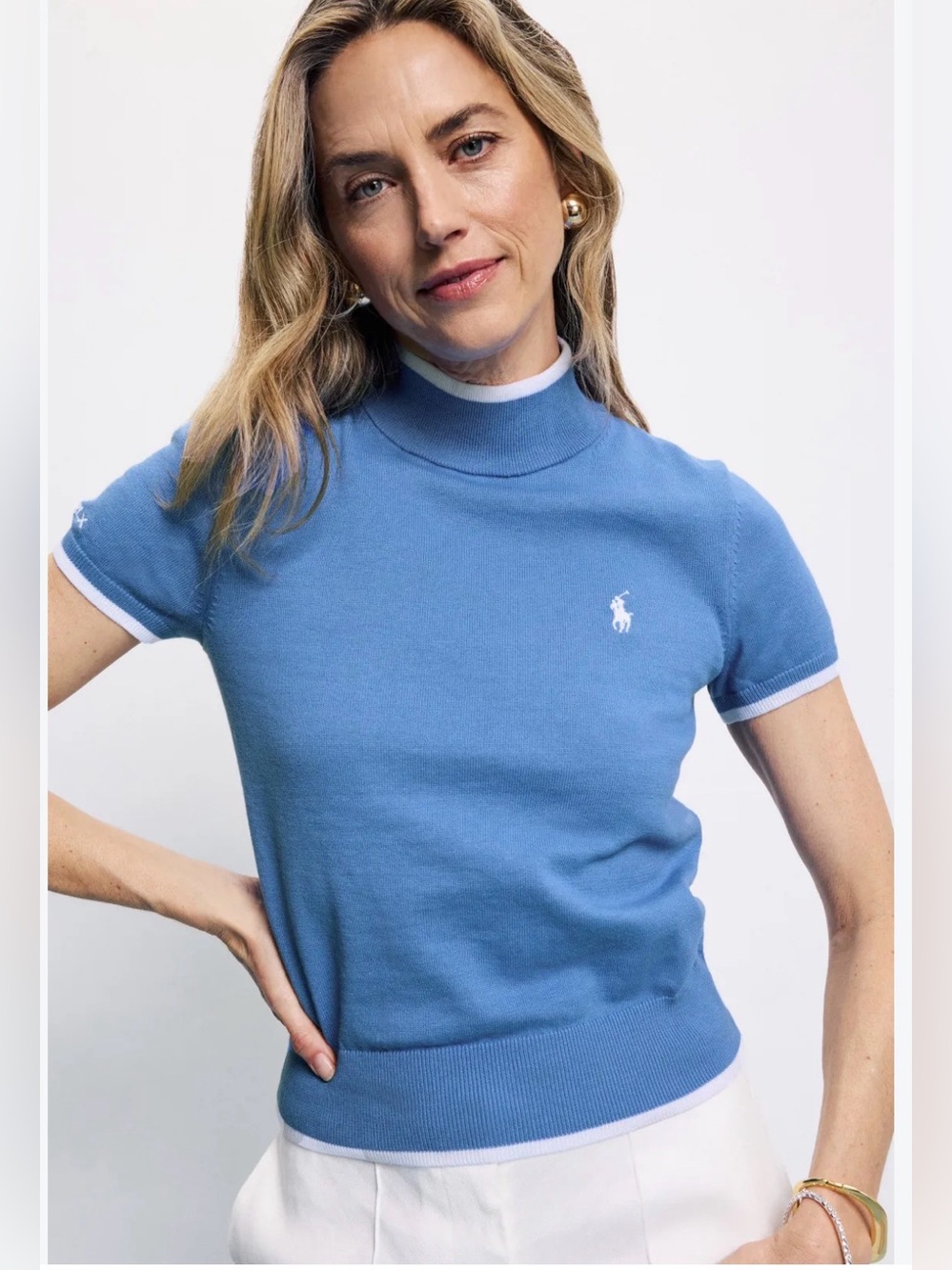 Ralph Lauren Sky Blue Short-Sleeve Mock Neck Polo with White Trim